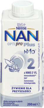 Biały karton Nestlé NAN Optipro Plus 2 HMO, mleko następne w płynie, 200ml, widok z przodu. Z HMO 2'-FL i Optipro.