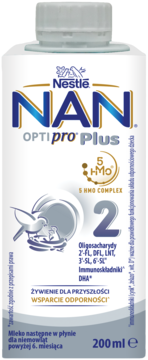 Biała butelka Nan Optipro Plus 2 Hmo, mleko następne w płynie 200 ml, ze wsparciem odporności, widok z przodu.