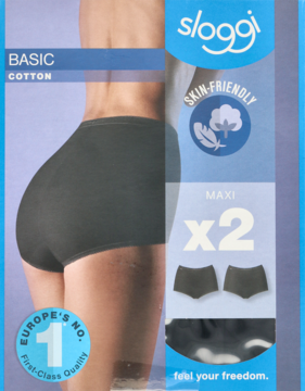 Dwupak czarnych majtek Sloggi Basic+ Premium Comfort damskich rozmiar 40, w opakowaniu z modelką z tyłu.
