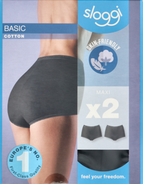 Opakowanie majtek damskich Sloggi Basic Cotton Maxi x2, ciemnoszarych, z modelką i dwiema parami majtek.