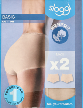 Beżowe majtki Sloggi Basic Cotton Maxi na modelce, obok dwupak opakowania z napisem "sloggi".