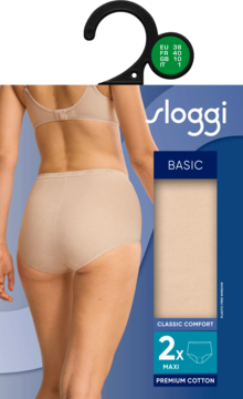 Beżowe majtki damskie Sloggi Basic Maxi, 2-pak, na modelce tyłem. Widoczne opakowanie i wieszak z rozmiarem.