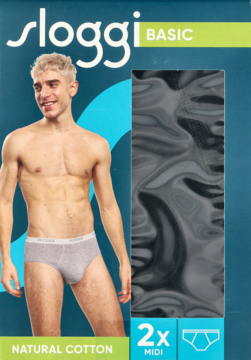 Męskie majtki Sloggi Basic Midi w kolorze szarym, widok na uśmiechniętego modela obok opakowania 2-pak Natural Cotton.
