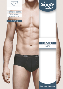 Sloggi Men Basic Midi slipy męskie 2-pak z elastycznej bawełny, czarne, na modelu, z opakowaniem.