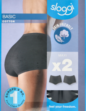 Opakowanie 2 par damskich majtek Sloggi Basic Cotton Maxi w kolorze ciemnoszarym, z widokiem na modelkę.