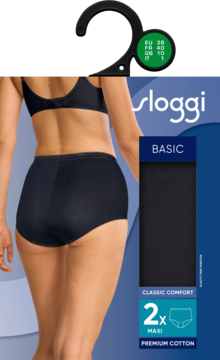 Tył kobiety w czarnych majtkach damskich Sloggi Basic Maxi. Obok opakowanie 2-pak i hanger z rozmiarem.