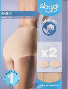 Opakowanie beżowych bawełnianych majtek Sloggi Basic Cotton Maxi, 2-pak, z modelem i złożonymi majtkami.