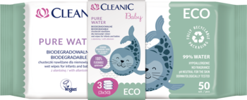 Cleanic Baby ECO Pure Water, spukiwalne chusteczki, biało-zielone opakowanie z fokami i 99% wody.