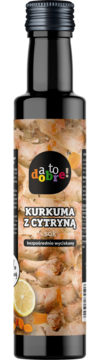 Butelka soku da to dobre! Kurkuma z Cytryną, widok z przodu, z etykietą ukazującą cytrynę i kurkumę.