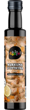 Butelka soku da to dobre! Kurkuma z Cytryną, widok z przodu, z etykietą ukazującą cytrynę i kurkumę.