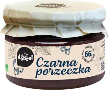 Dżem z czarnej porzeczki da to dobre! w słoiku z jasną etykietą, widok z przodu, z informacją 66g owoców.