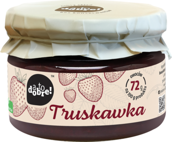 Słoik konfitury truskawkowej "da to dobre!" z 72g owoców na 100g, czerwony dżem, beżowa etykieta, widok z przodu.
