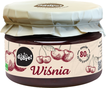 Dato dobre! Dżem wiśniowy w szklanym słoiku, z etykietą 'Wiśnia' i informacją o 80g owoców, widok z przodu.