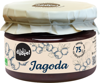 Szklany słoik dżemu jagodowego Da to dobre! z 75% owoców, etykieta z jagodami, widok frontalny.