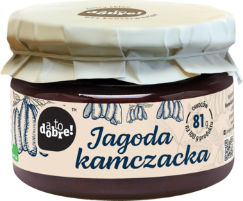 Smarowidło Da to Dobre! z jagody kamczackiej, 81g owoców/100g, w słoiku z beżową etykietą, widok z przodu.