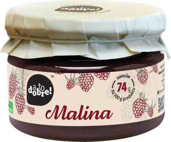 Szklany słoik konfitury malinowej da to dobre! z etykietą i widocznymi malinami, sporządzona z 74g owoców.