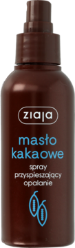 Brązowy spray Ziaja Masło Kakaowe przyspieszający opalanie, z białym logo i niebieskim napisem, widok z przodu.