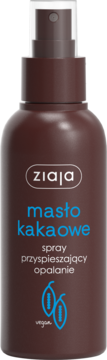 Ziaja Masło Kakaowe spray przyspieszający opalanie, brązowa butelka z niebieskimi napisami, widok z przodu.