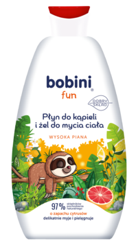 Bobini fun płyn do kąpieli i żel do ciała, biała butelka z leniwcem i cytrusami, widok z przodu.