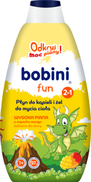 Bobini fun 2w1 płyn do kąpieli i żel do mycia ciała dla dzieci, żółta butelka z mangowym zapachem, widok z przodu.