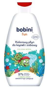 Bobini fun Kolorowy płyn do kąpieli Zielona Woda, biała butelka z czerwoną nakrętką i wesołym żółwiem.