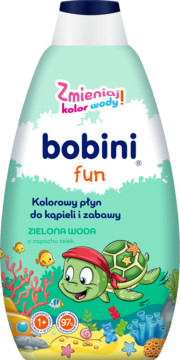Bobini Fun Zielona Woda płyn do kąpieli, butelka z wesołym żółwiem i rybkami, o zapachu żelek, widok z przodu.