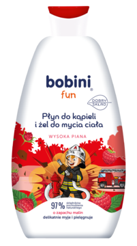 Biała butelka Bobini Fun płynu do kąpieli z żelem do mycia, z rysunkiem strażaka i malinami, zapach malinowy.