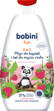 Biała butelka Bobini Fun 2w1 płyn do kąpieli i żel o zapachu malin, z pandą i malinami, widok z przodu.