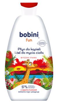 Biała butelka Bobini fun płynu do kąpieli i żelu, z grafiką żyrafy i truskawek, widok z przodu.