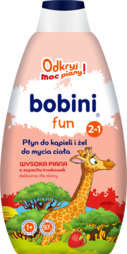bobini fun 2w1 płyn do kąpieli i żel dla dzieci, różowy, z żyrafą, truskawkowy zapach, wysoka piana.