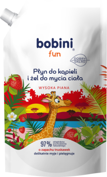 Bobini Fun płyn do kąpieli i Ŵel do ciała, truskawkowy, w białej saszetce z tropikalnym motywem.