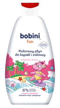 Bobini fun różowy płyn do kąpieli z hipopotamem na desce surfingowej, biała butelka, widok z przodu.