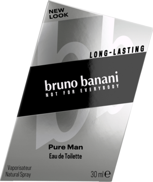 Bruno Banani Pure Man Eau de Toilette 30ml, szare opakowanie z czarnym pasem, widok pod kątem.