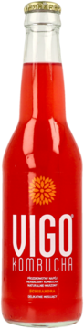 Czerwona kombucha VIGO BERSAMBARA w przezroczystej butelce ze złotą zakrętką, widok z przodu.