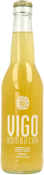 Przednia część butelki Vigo Kombucha Original z żółtym napojem, białym logo i złotą zakrętką.