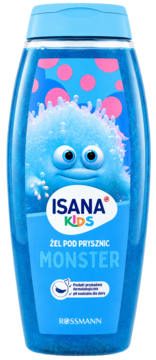 Isana Kids Monster żel pod prysznic, niebieska butelka z uśmiechniętym potworkiem i brokatem, widok z przodu.