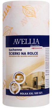 Avellia, kuchenne ścierki na rolce od Rossmann, białe, z liśćmi, XXL 100 szt., widok z przodu, lekko pod kątem.