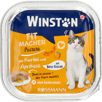 Winston Fit Macher Pastete dla kota z dynią i morelą, bez cukru, w kwadratowej misce, widok z przodu.