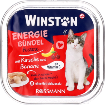 Winston karma dla kota, pasztet wiśnia banan, bez zbóż, w srebrnej misce. Widok z przodu.