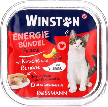 Winston karma dla kota, pasztet wiśnia banan, bez zbóż, w srebrnej misce. Widok z przodu.