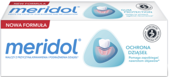 Pasta do zębów Meridol Ochrona Dziąseł, białe pudełko z niebieskim napisem, widok z przodu, nowa formuła.