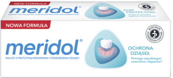 Pasta do zębów Meridol Ochrona Dziąseł, białe pudełko z niebieskim napisem, widok z przodu, nowa formuła.