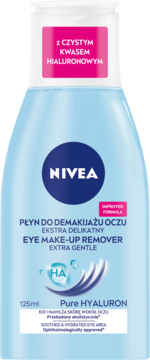 NIVEA Płyn do demakijażu oczu z czystym kwasem hialuronowym. Jasnoniebieska butelka 125ml, widok z przodu.