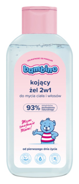 Bambino kojący żel 2w1 do mycia ciała i włosów w przezroczystej butelce z różową nakrętką, widok z przodu.
