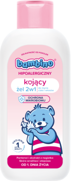 Bambino Kojący żel 2w1 Hipoalergiczny do ciała i włosów, biała butelka z misiem, wspiera mikrobiom, od 1. dnia.
