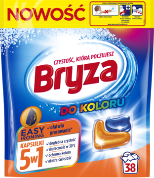 Niebieskie opakowanie kapsułek Bryza 5w1 Easy Ironing do prania kolorów, z widoczną pomarańczową kapsułką.