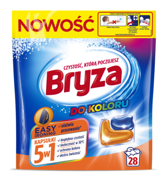 Nowość! Bryza 5w1 Easy Ironing kapsułki do prania koloru, niebieskie opakowanie z żółtym paskiem i dwoma kapsułkami.