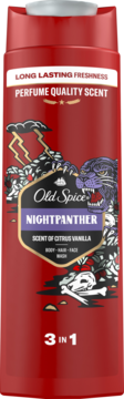 Czerwona butelka żelu Old Spice Nightpanther 3w1. Widok z przodu, grafika pantery, piorunów, zapach Citrus Vanilla.