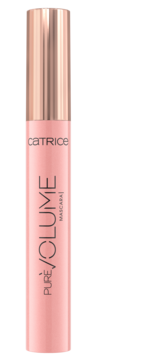 Różowy tusz do rzęs Catrice Pure Volume w tubce, z różowo-złotą zakrętką, widok z przodu, pionowy napis.