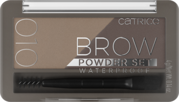 Catrice Brow Powder Set Waterproof 010, otwarty kompakt z dwoma brązowymi pudrami do brwi i pędzelkiem.